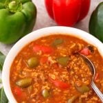 Instant Pot Stuffed Pepper Soup in a white bowl