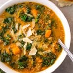 Instant Pot Sweet Potato Sausage and Kale Soup is a hearty, but not heavy soup with a ton of flavor. It is easy to make, and so very delicious, and even healthy! simplyhappyfoodie.com #instantpotrecipes #instantpotsweetpotatosausagekalesoup #instantpotsoup #pressurecookersoup