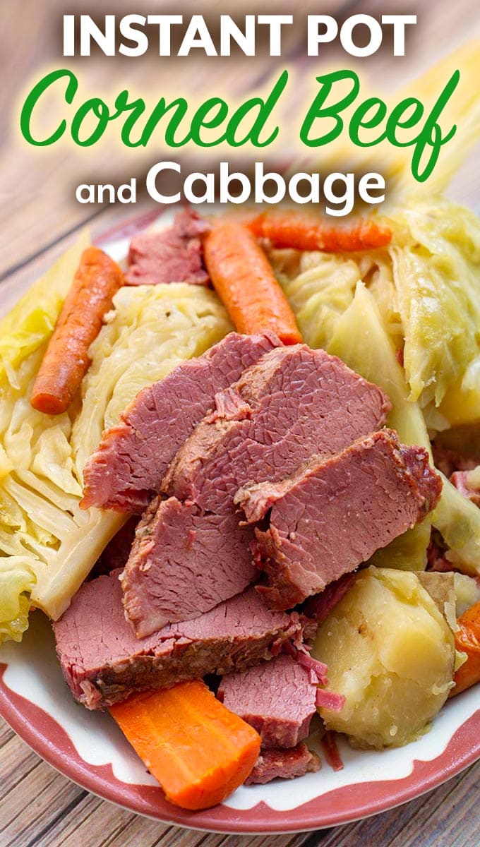 Instant Pot Corned Beef Cabbage on white bowl with red boarder with title