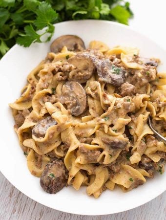 Hamburger Stroganoff on a white plate with fork next to bunch of parsley