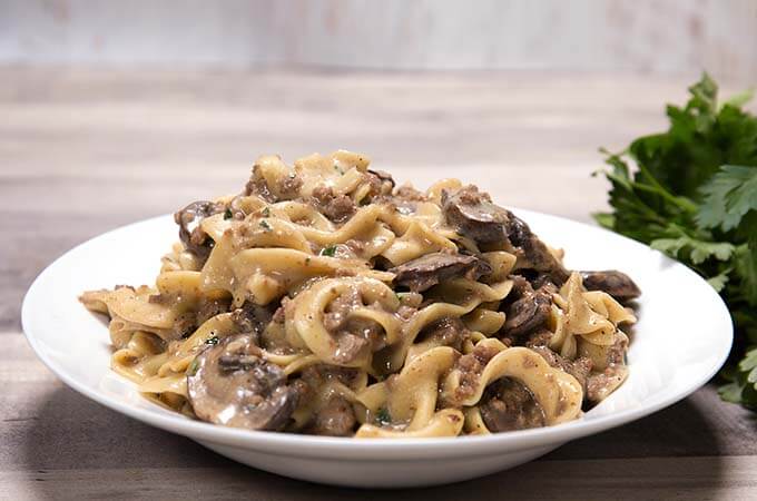 Hamburger Stroganoff on a white plate