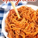 Instant Pot Spaghetti in a white bowl with fork