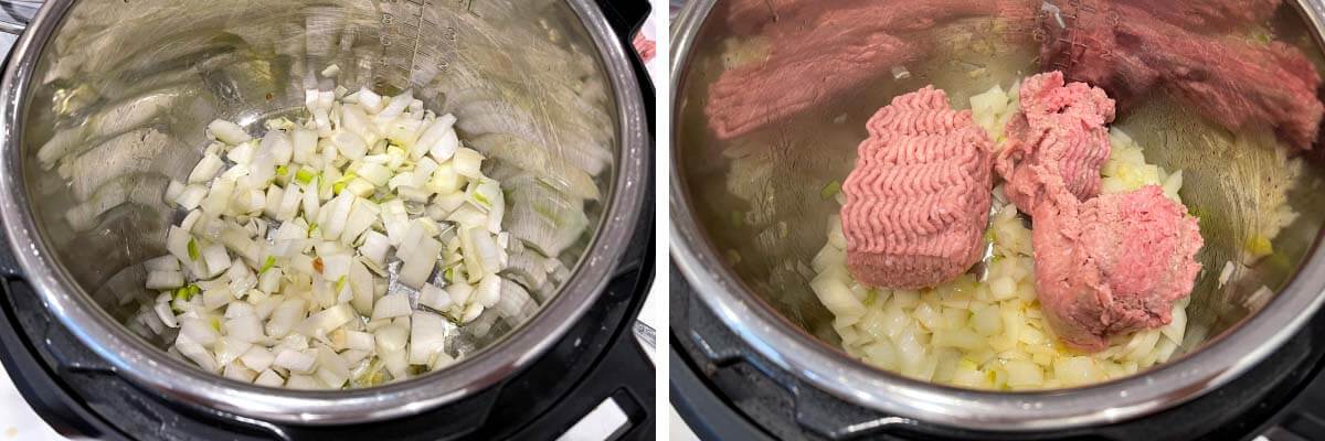 onion cooking in pot, meat added.