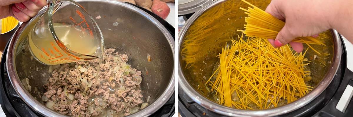 adding broth to pot, adding noodles to pot