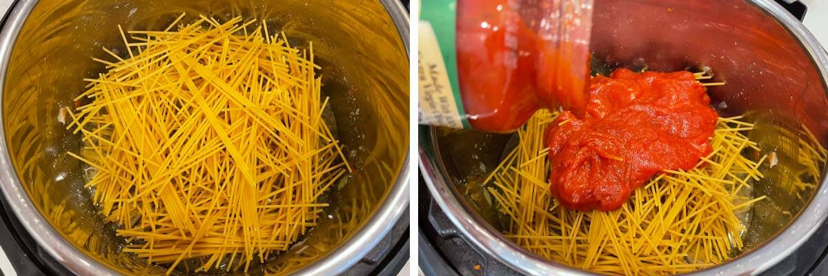 noodles in pot, pouring sauce in pot.