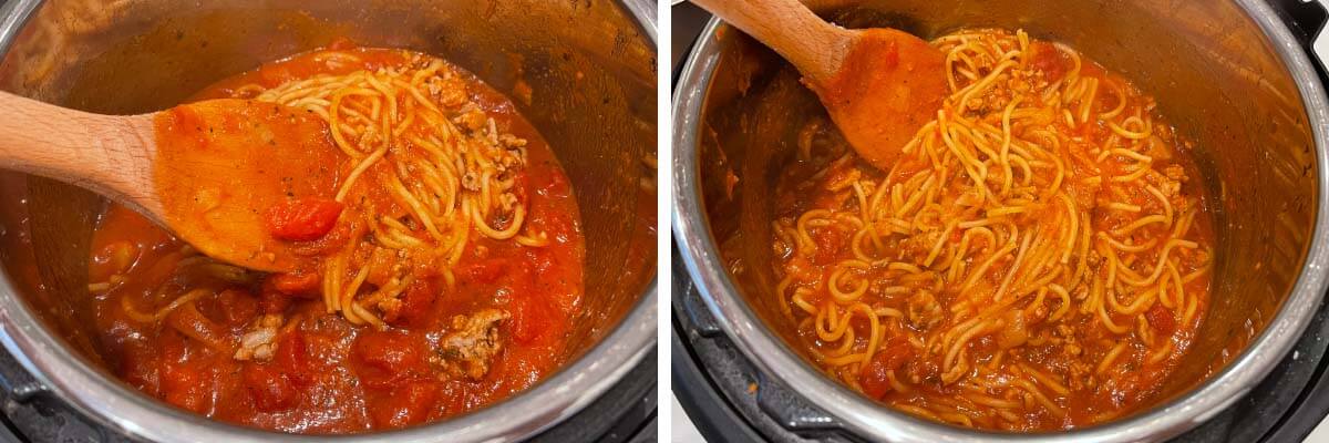 Cooked spaghetti being stirred