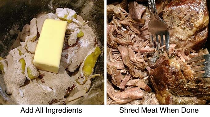 Two images showing process to make Mississippi Pot Roast, adding all ingredients the shred meat when done