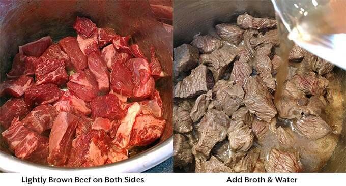 Two images showing process of browning meat