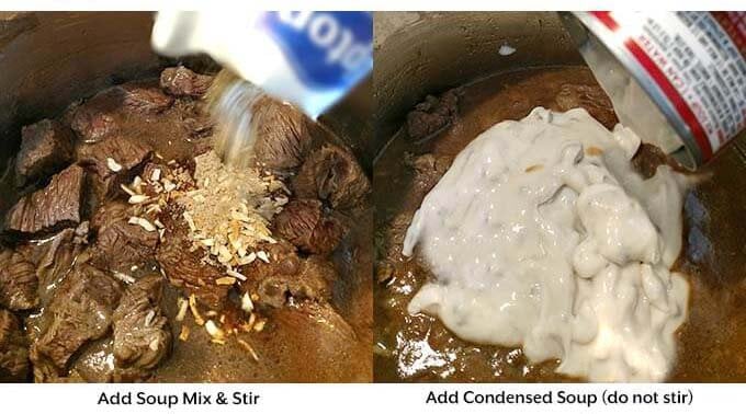 two images showing the addition of soups