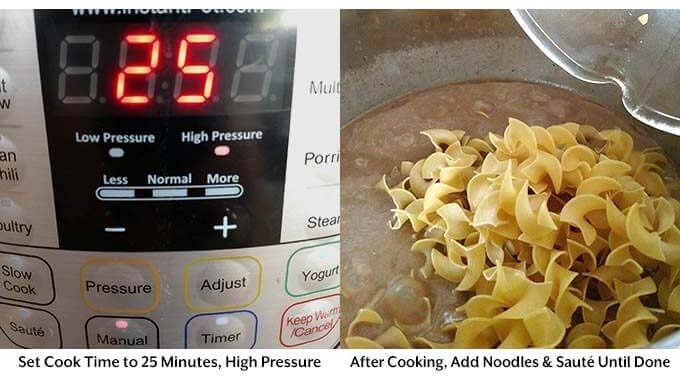 Two images showing the cook time on pressure cooker and pasta added in the pressure cooker