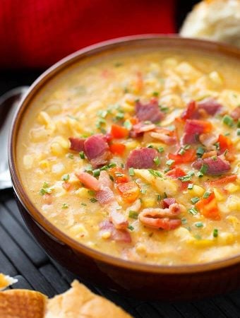 Chicken Corn Chowder in a brown bowl