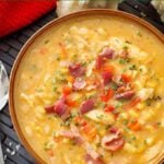 Instant Pot Chicken Corn Chowder in brown bowl.