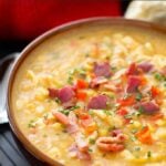 Instant Pot Chicken Corn Chowder in brown bowl.