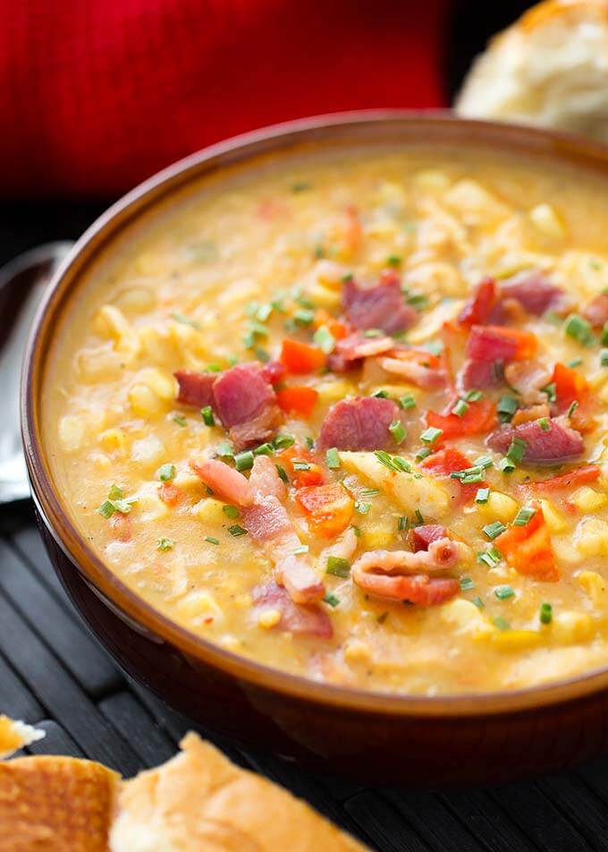 Chicken Corn Chowder in a brown bowl