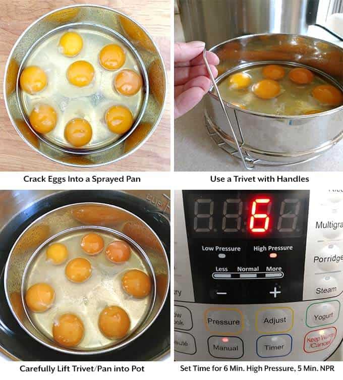 Four process images showing craked eggs in a pan, then paced on a trivet before being placed in a pressure cooker with the cooking time set