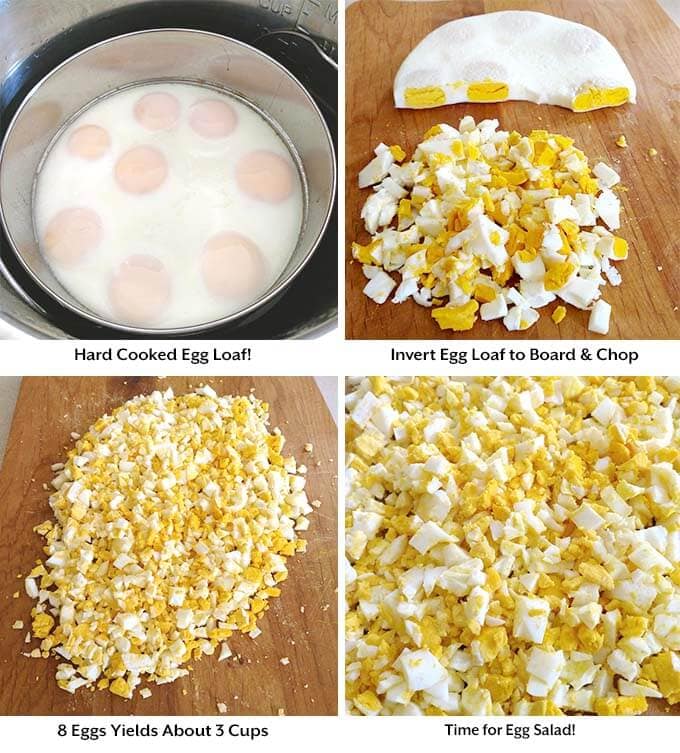 Four process images showing the cooked egg loaf in the pan in the pressure cooker, then the egg loaf placed on a wooden board and crumbled