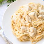 Fettuccine Alfredo on a white plate