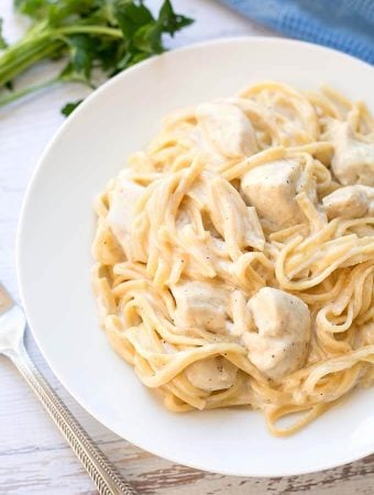 Fettuccine Alfredo on a white plate