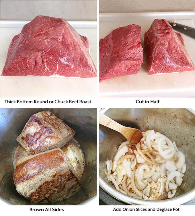 four process images showing the meat and to cut it in half before browning it in a pressure cooker pot then removing the meat and adding the onions