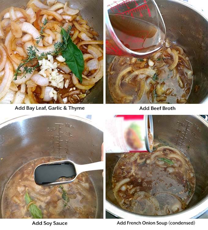Four process images showing the addition of seasonings and liquids to pressure cooker pot