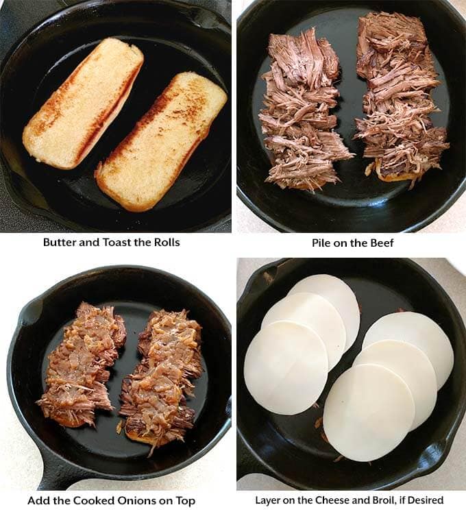 Four process images showing the toasting of rolls in a cast iron skillet, and then placing meat, onions, and cheese onto rolls