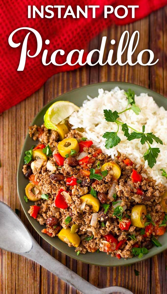 Instant Pot Picadillo is made with ground beef and lots of savory ingredients. Picadillo makes a great taco, or empanada filling, and is great over rice, too! Make this pressure cooker Picadillo today! simplyhappyfoodie.com #instantpotpicadillo #instantpotgroundbeef #pressurecookerpicadillo