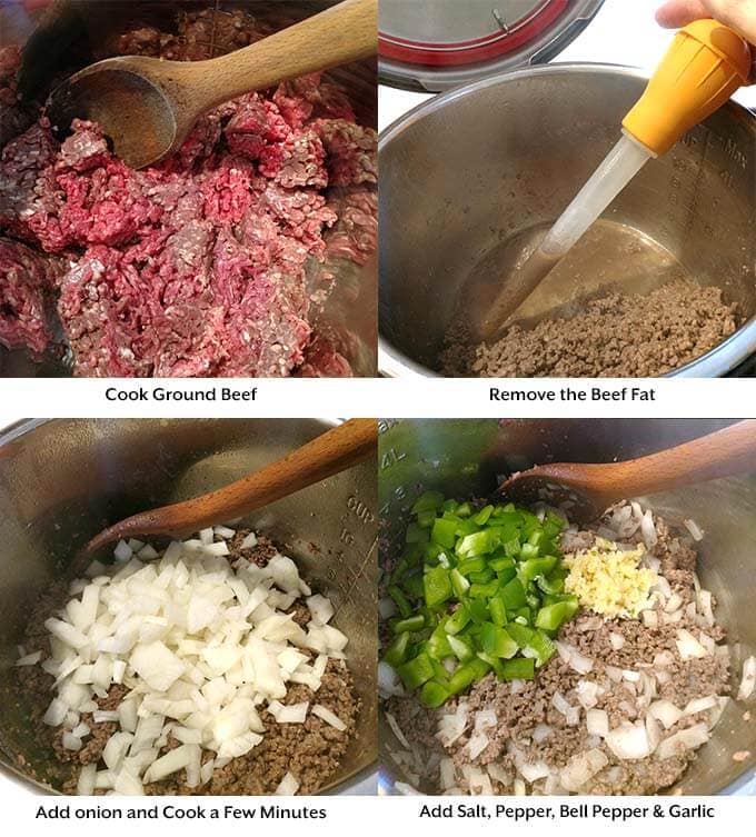 four images of Sloppy Joe process including cooking ground beef removing fat and adding vegetables