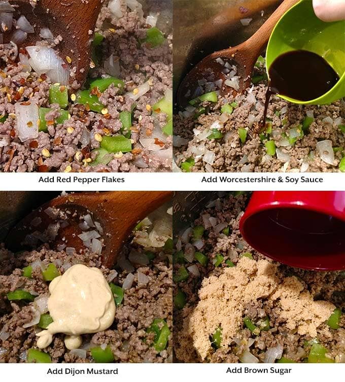 four images showing process of adding seasoning, liquids, and sugar