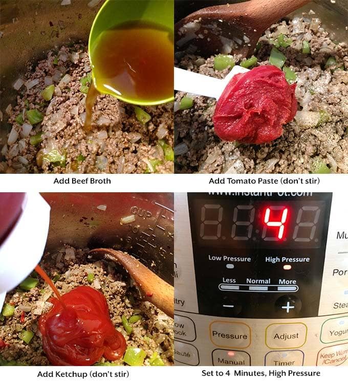 four images of adding broth, tomato products and setting the time on the pressure cooker