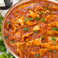 Instant Pot Easy Lasagna Soup in a brown bowl
