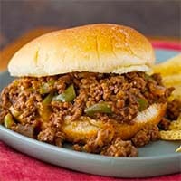 Instant Pot Sloppy Joes on a blue-gray plate