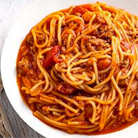 Instant Pot Spaghetti in a white bowl