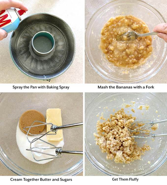 Four process images showing a prayed bunt pan, mashed bananas in a glass bowl, and sugars and butter creamed together in a glass bowl