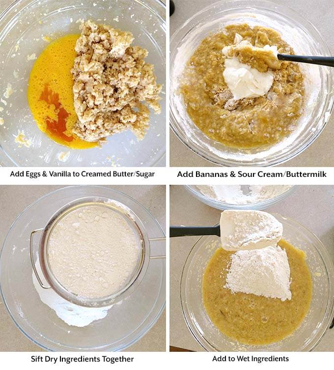 Four process images showing eggs added to the creamed mixture, the addition of bananas and sour cream int the mixture, the sifting of flour into a glass bowl, then adding the flour to the rest of the ingredients