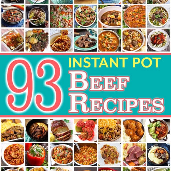 93 Instant Pot Beef Recipes title graphic with images of beef dishes