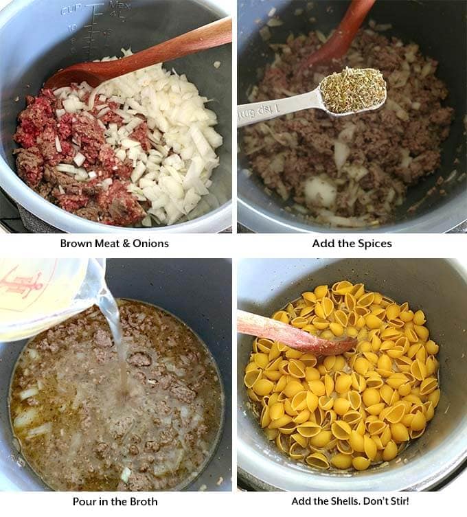 four process images showing the browning of the meat in the pressure cooker before adding spices, liquid and pasta shells