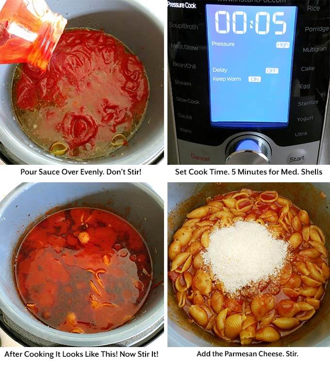 four process images showing the addition of sauce into the pressure cooker pot, setting the pressure cooker cook time and adding the Parmesan cheese to the dish in the pressure cooker