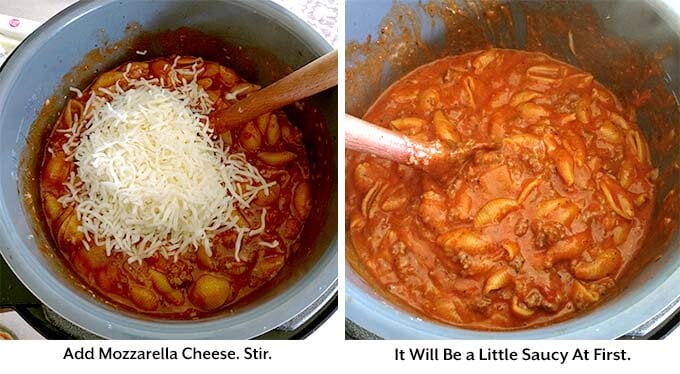 two process images showing the addition of mozzarella cheese and stirring the pasta in the pot