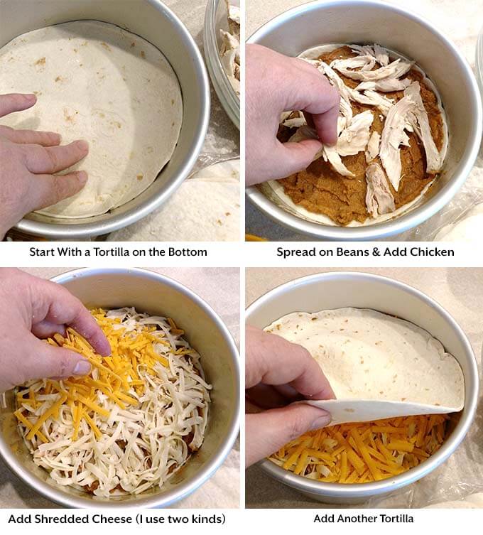 Four process images showing lining the pan with tortillas then layering it with beans, chicken, and cheese, and another tortilla