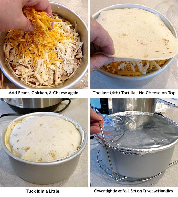 Four process images showing layering and topping with a flour tortilla then covering pot with foil and setting it on a trivet