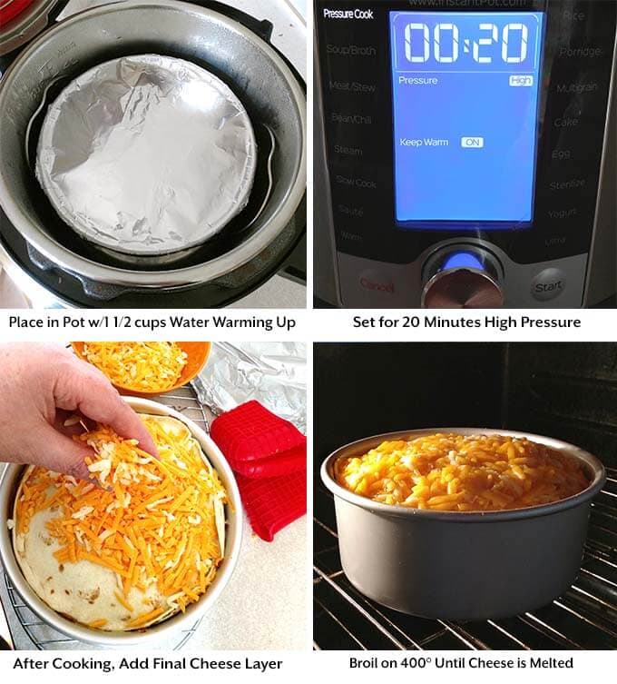 Four process images showing placing pot in pot, setting pressure cooker cook time, and adding final layer of cheese then broiling it afterwards