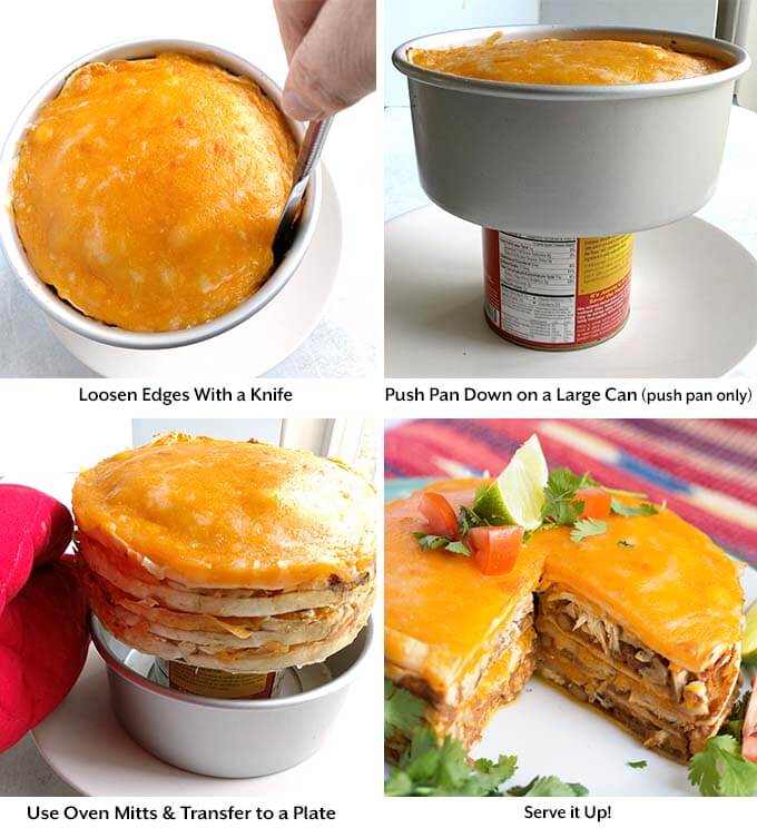 Four process images showing how to loosen pie with knife, setting pot on a large can to push pie out of pan to get final product