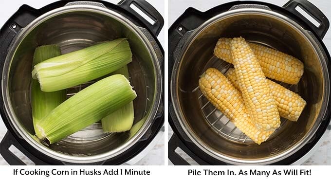 Two process images showing the addition of corn into a pressure cooker