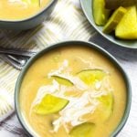 Dill Pickle Soup in a gray bowl