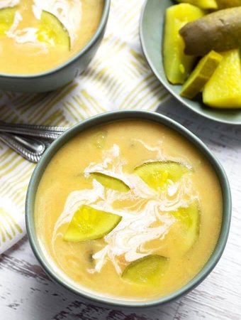 Dill Pickle Soup in a gray bowl