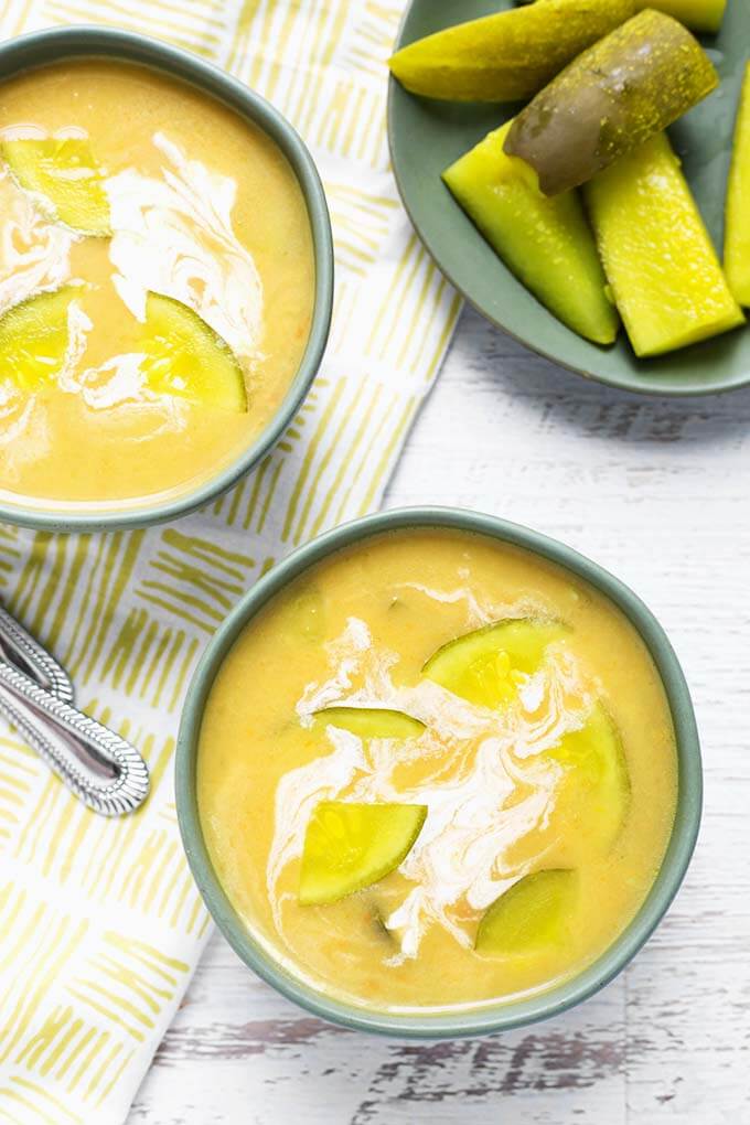 Dill Pickle Soup in a gray bowl