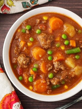 Hamburger Soup in a white bowl