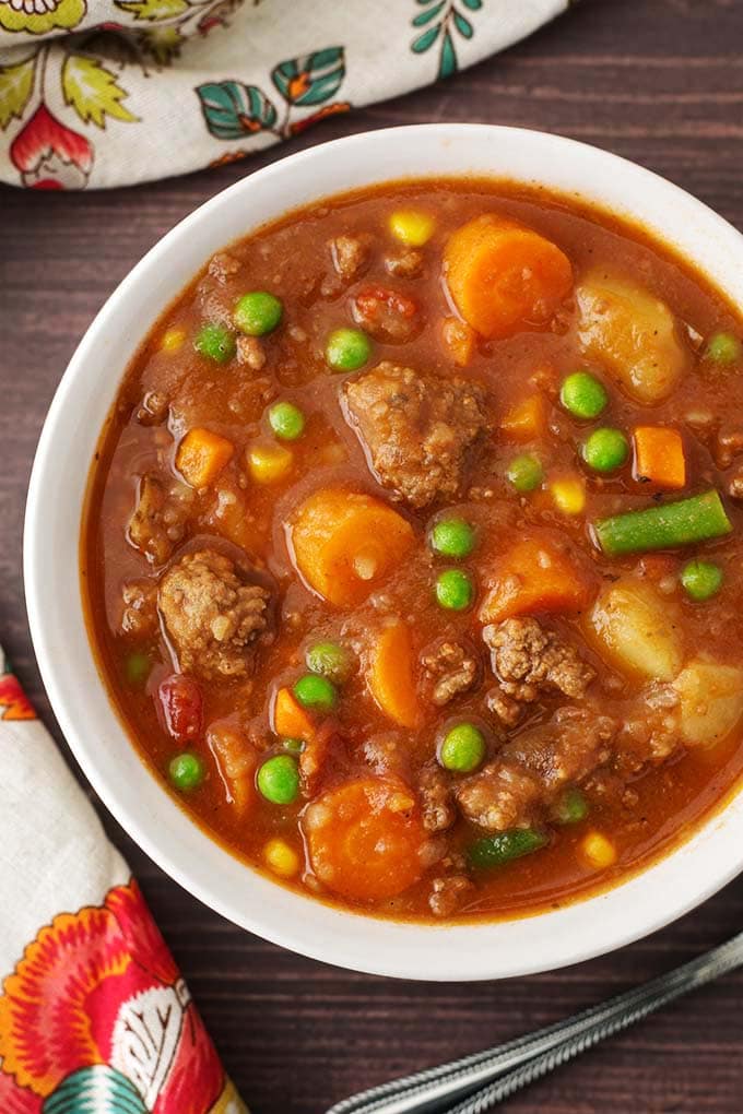 Hamburger Soup in a white bowl