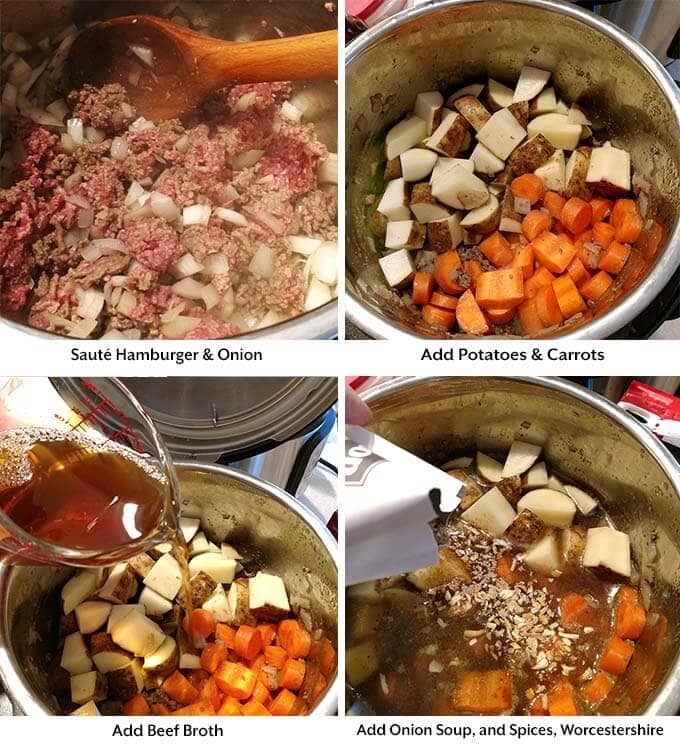 Four process images showing the sauteing of hamburger and onion in a pressure cooker the adding the potatoes, carrots, broth, and seasonings