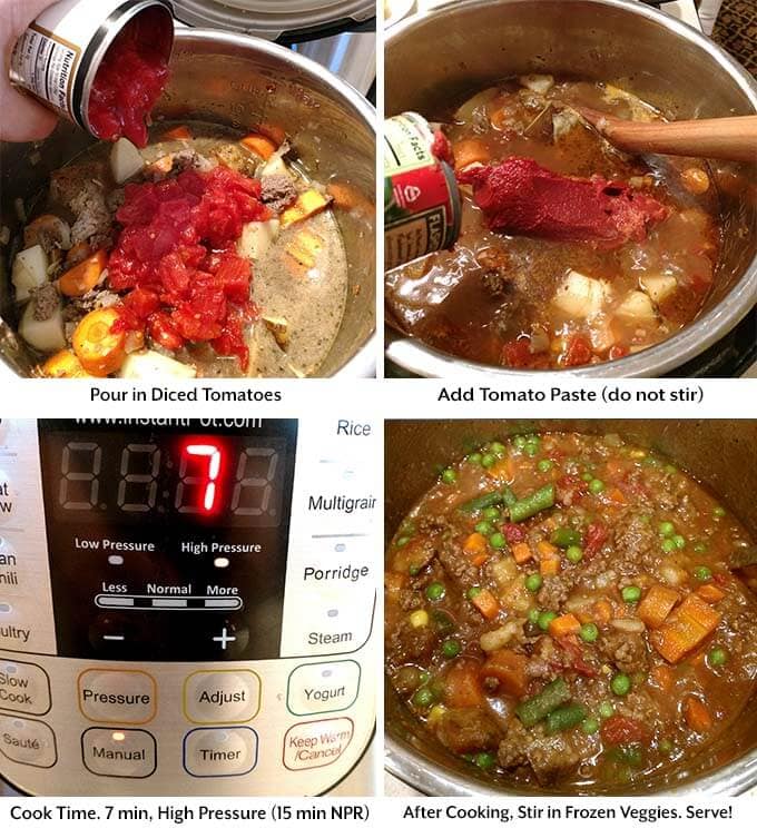 Four process images showing the addition of tomatoes and tomato paste before setting the pressure cooker cook time and adding in the frozen veggies afterwards